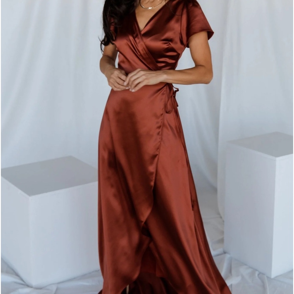 Baltic Born Krystal Satin Wrap Dress in Cinnamon Size XL